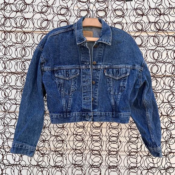 Vintage 80s Levi's 77933 Crop Trucker Jacket Orange Tan Tab Jean Denim MEDIUM - Picture 1 of 5